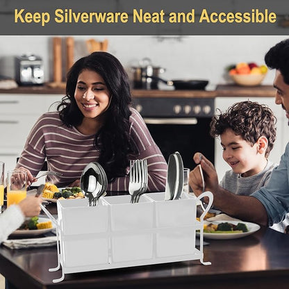 ECOIOU Cutlery Holder with Drain Holes, Silverware Caddy for Party, kitchen counter, 3pcs Bins Set Countertop Utensil Holder for Spoons, Forks and Knives, White