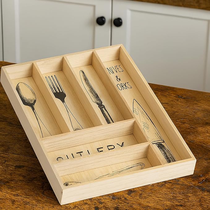 Rustic Wood Cutlery Tray – 6 Slot Flatware Organizer for Kitchen Drawers | Farmhouse Style Silverware & Utensil Storage