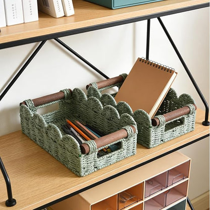 Set of 2 Toilet Paper Storage, Handwoven Small Scalloped Basket with Built-in Handles, Wicker Basket for Home, Living Room(Green)