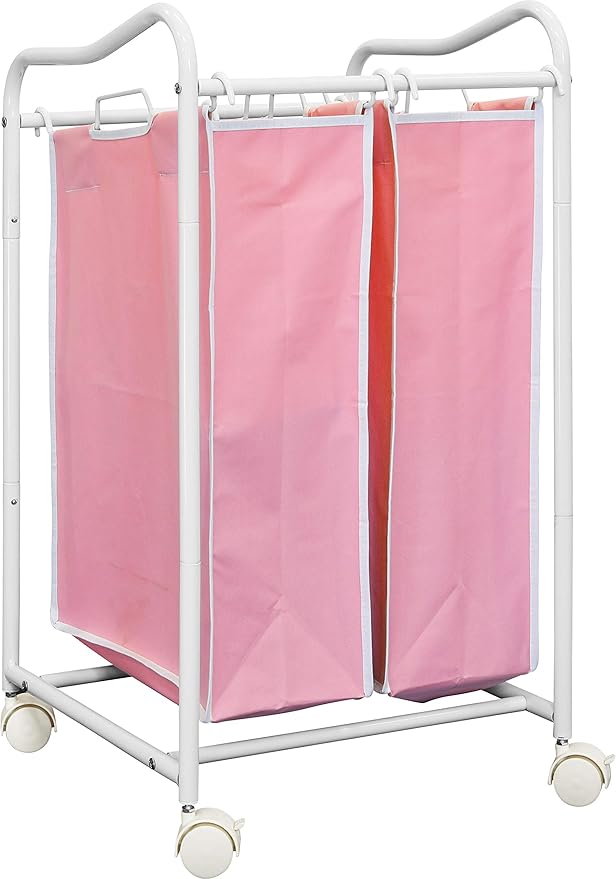 Simple Houseware 2-Bag Heavy Duty Rolling Laundry Sorter Cart, White/Pink – 2 Section Removable Bags and Lockable Wheels for Laundry Room Organization