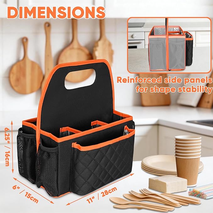 CROTIRAD Foldable Utensil Holder for Party with 9 Compartments, Paper Plate Organizer for Countertop with Top Handle, Buffet Silverware Utensil Caddy for Plate Cup Fork Spoon Napkin, Black