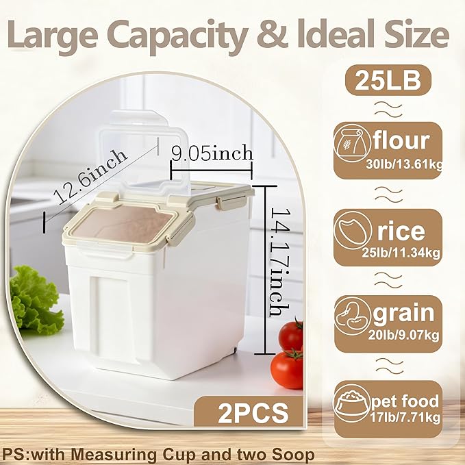 RUIAN 2Pcs Large Flour Storage Container Bin 25Lb Airtight Rice Storage Containers with Wheels Seal Locking Lid, BPA Free with Measuring Cup&Scoop for Flour, Rice, Grain 50LB Total (Gray)