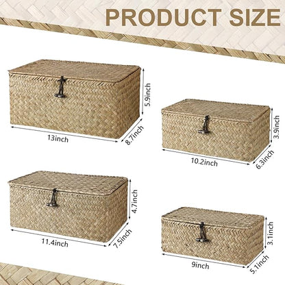 Woanger Set of 4 Wicker Baskets with Lids, Nautral Seagrass Storage Baskets, Woven Rectangular Basket Bins, Rattan Storage Organizer for Shelf Closet Bedroom(Natural Color)