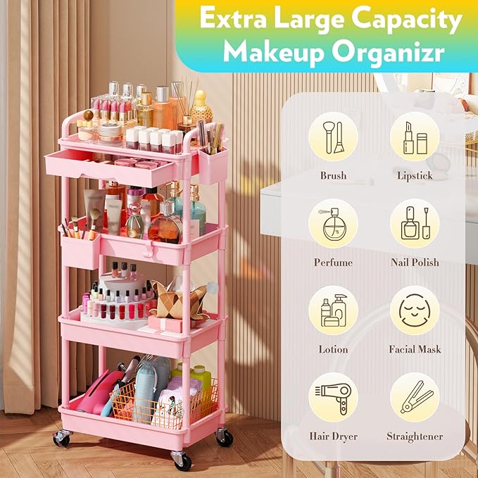 SUNALLY Makeup Cart Organizer with Drawers, 4 Tier Floor Skincare Organizers for Vanity, Rolling Makeup Bathroom Storage Cart Cosmetics Display Cases for Skin Care Perfume Nail Polish, Pink