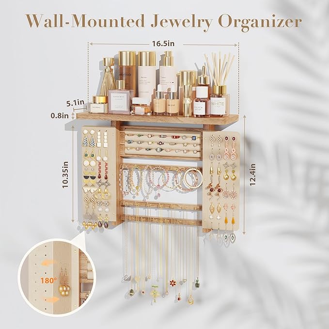 Emfogo Jewelry Organizer Hanging Wall Mounted Jewelry Holder, 5-in-1 Large Capacity Necklace Organizer Display for Ring, Necklaces, Bracelets, Earrings (Rustic Wood)