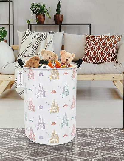 QUEENLALA Large Storage Basket,Laundry Hamper/Bathroom/Home Decor/Collapsible Round Storage Bin,Boys and Girls Hamper/Boxes/Clothing(Round-Rose Castle)