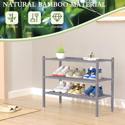 ROMGUAR CRAFT 3 Tier Bamboo Shoe Rack for Closet Free Standing Wood Shoe Shelf Storage Organizer for Entryway Small Space Stackable 27"x11"x20" (Grey)