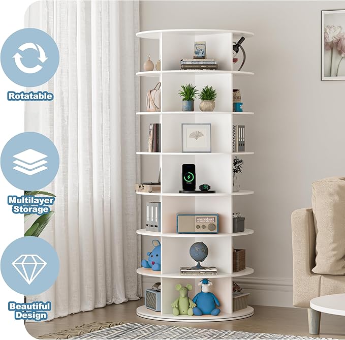 7-Tier Rotating Shoe Rack Tower - 360 Spinning Shoe Organizer, Vertical Lazy Susan, Closet Cabinet Rack for 28 Pairs of Shoes Bags Plants