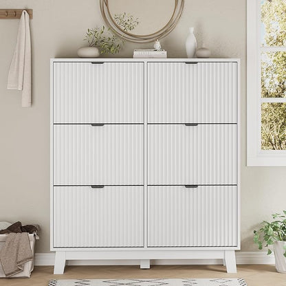 Xixini Shoe Cabinet with 6 Flip Drawers, 54" Tall Narrow Fluted Shoe Storage Organizer for Entryway, Hidden Slim Wooden Shoe Rack Cabinet for Front Door Entrance, Hallway, Living Room, Solid White