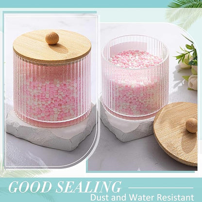 Yaomiao 6 Pcs Ribbed Bathroom Canisters Apothecary Jars with Wood Color Bamboo Lids and Label Stickers, 18 oz Plastic Canister with Fluted Design for Cotton Ball, Swab, Floss Picks House Storage