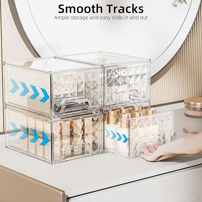 Delamu 2 Pack Stackable Storage Drawers, Makeup Skincare Holder Vanity Storage Organizer, Plastic Drawers For Vanity Desk, Undersink, Kitchen Cabinet, Pantry, Clear, Ideal Gifts for Women