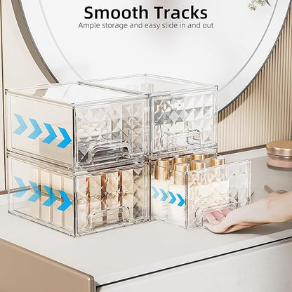 Delamu Stackable Storage Drawers, Makeup, Baby Bottle and Bathroom Cabinet Organizer, Plastic Drawer Organizer for Undersink, Cabinet, Vanity, Kitchen, Pantry, Ideal Gifts for Women, Clear, 4 Pack