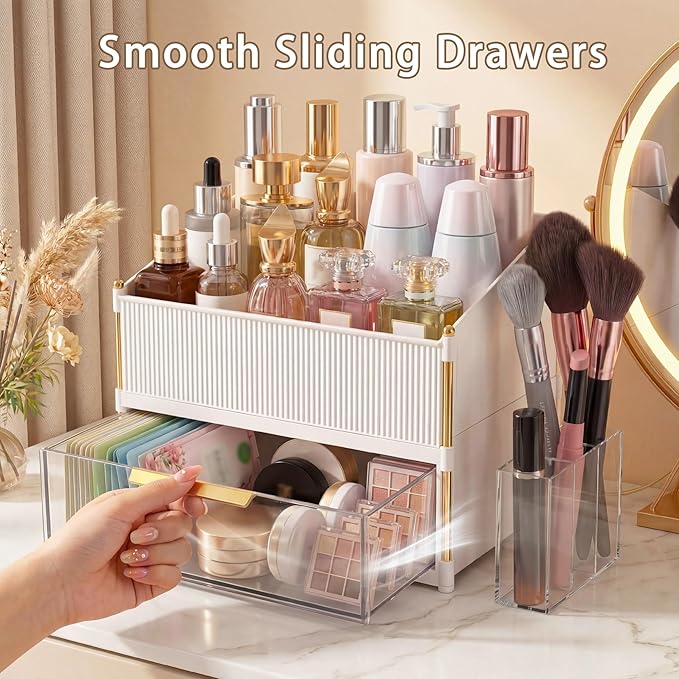 Large Capacity Makeup Organizer Countertop with Brush Holder, Vanity Skincare Perfume Storage Box for Bathroom, Mother's Day Birthday Anniversary Teen Girl Gifts for Women Mom
