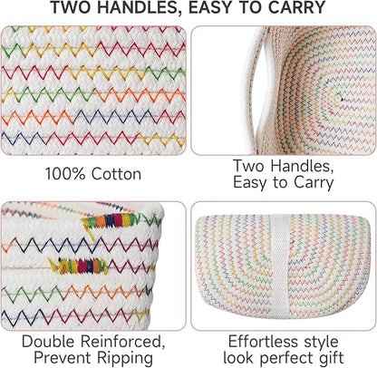3-Pcs Shelf Baskets for Organizing, Closet Organizer Bins, Small Woven Baskets, Rope Toy Basket, Storage Basket for Shelves, Cube Decorative Box, 11.8×7.8×5.1”, Rainbow