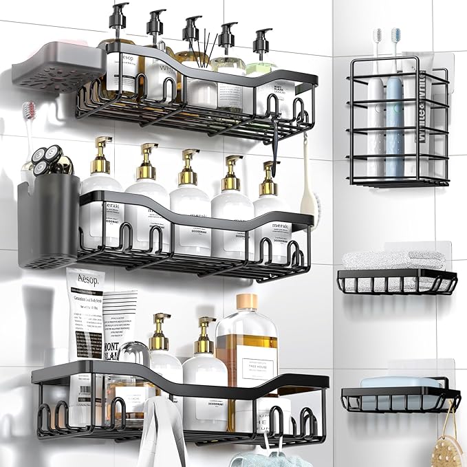 NESOMI Shower Caddy Adhesive Shower Organizer 8-Pack, Rustproof Stainless Steel Bathroom Shelves, Large Capacity No-Drill Rack Storage Accessories with Soap Dish Toothbrush Holder Hooks