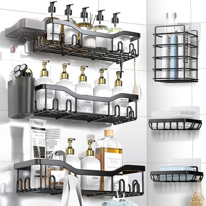 NESOMI Shower Caddy Adhesive Shower Organizer 8-Pack, Rustproof Stainless Steel Bathroom Shelves, Large Capacity No-Drill Rack Storage Accessories with Soap Dish Toothbrush Holder Hooks