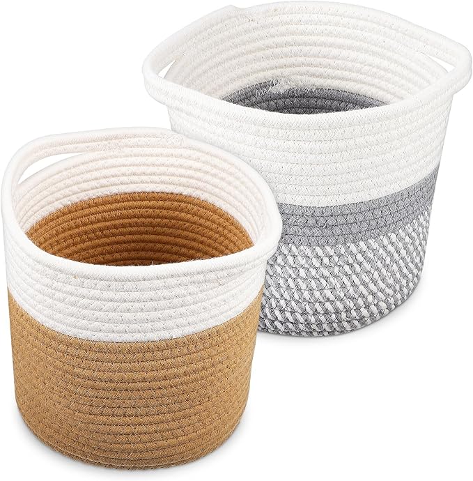 GLEAVI 2 Pack Woven Plant Baskets Indoor for 7 Inch Pots, Cotton Rope Planter Basket Set with Dual Tone Design, 7.9" Decorative Storage Bin Cover for Home Decor Organization