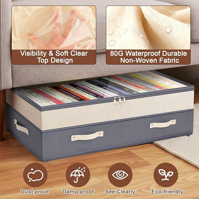 Dolicer 4 Pack Under Bed Storage with Wheels, 6in-10in Height Adjustable Underbed Storage Containers, 92L XXXL Under Bed Drawers Rolling Bin with Clear Lids for Dorm Shoes Clothes Organizer(Dark Grey)