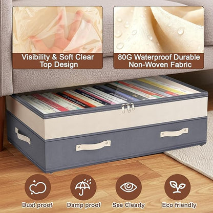 Dolicer 4 Pack Under Bed Storage with Wheels, 6in-10in Height Adjustable Underbed Storage Containers, 92L XXXL Under Bed Drawers Rolling Bin with Clear Lids for Dorm Shoes Clothes Organizer(Dark Grey)