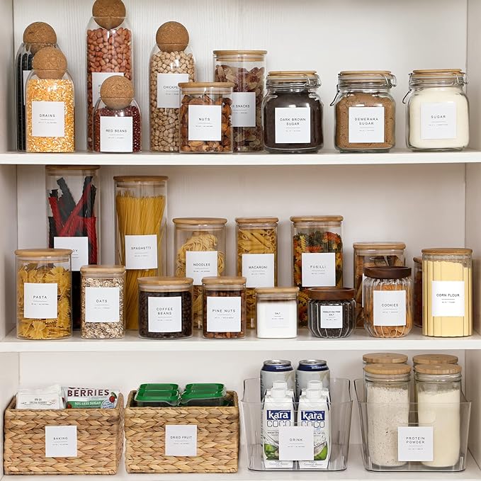 308 Kitchen Pantry Labels for Food Containers, 3 Sizes White Minimalist Labels for Organizing, Food Label for Jars, Storage Bins, Preprinted Waterproof Pantry Label for Containers