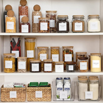 308 Kitchen Pantry Labels for Food Containers, 3 Sizes White Minimalist Labels for Organizing, Food Label for Jars, Storage Bins, Preprinted Waterproof Pantry Label for Containers