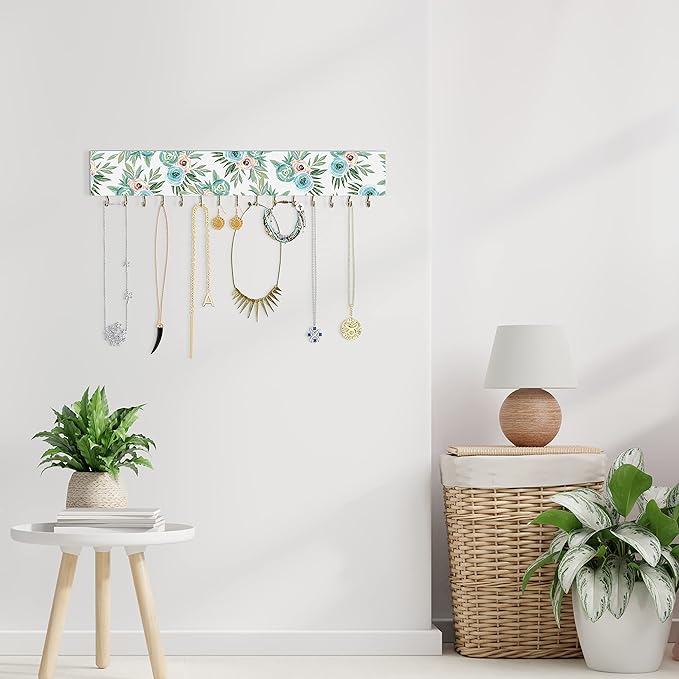 SANY DAYO HOME Wall Mounted Necklace Holder 16 x 3 inches Wood Hanging Jewelry Organizer with 15 Hooks for Necklaces, Girl Hair Bows, Bracelets - Elegant Rose