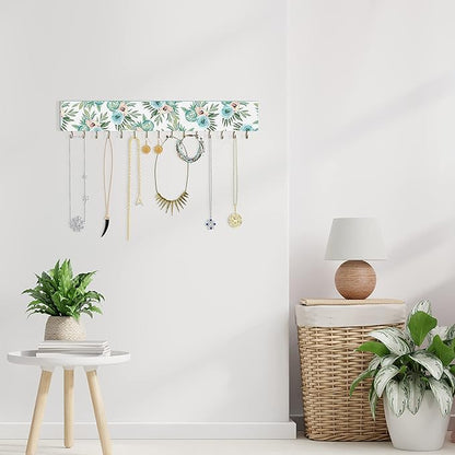 SANY DAYO HOME Wall Mounted Necklace Holder 16 x 3 inches Wood Hanging Jewelry Organizer with 15 Hooks for Necklaces, Girl Hair Bows, Bracelets - Elegant Rose