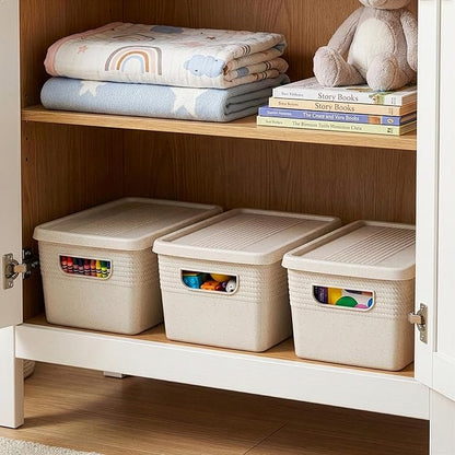 BINO | Plastic Storage Bins with Lids, 5 Liter - 3 Pack, Natural | THE BRAIDED COLLECTION | Plastic Bins for Organization Woven Storage Baskets for Organizing Pantry Shelf Organizer Basket Bin