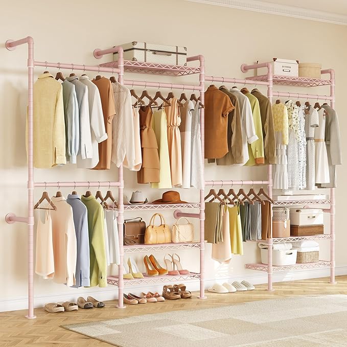 ONBRILL L4 Wall Mounted Industrial Pipe Clothing Rack, Closet Organizer System with 6 Hanging Clothes Rods ( 4 Expandable Rods) & 8 Shelves, Heavy Duty Corner Garment Rack, Large Wardrobe - Pink