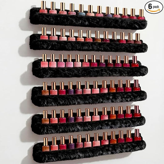 YMVV Wall-Mounted Nail Polish Organizer Rack - 15-Inch Plush Nail Polish Shelf, Makeup & Beauty Essentials Storage - Multi-Purpose Display Holder for Small Space, Vanity Bathroom, 6 Pack Black