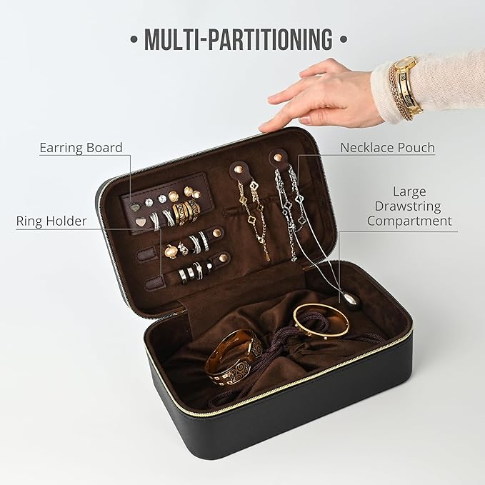 Travel Jewelry Organizer Case for Women Girls, Small Portable Jewelry Box with Compartments, Drawstring Pouch, Waterproof PU Leather Storage for Rings Earrings Necklace Bracelet, Mom Wife Gift – Black