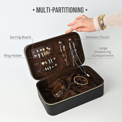 Travel Jewelry Organizer Case for Women Girls, Small Portable Jewelry Box with Compartments, Drawstring Pouch, Waterproof PU Leather Storage for Rings Earrings Necklace Bracelet, Mom Wife Gift – Black