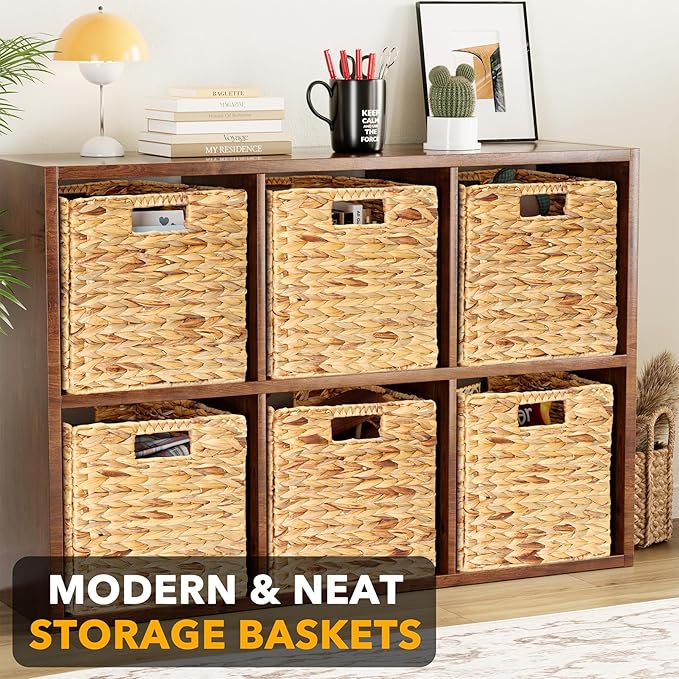 SpaceAid 6 Pack Wicker Basket, Storage Baskets for Organizing, Woven Rattan Basket with Handles for Shelves, Water Hyacinth Large Cube Organizer Storage Bin, 12x12x12 inch, Natural