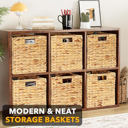 SpaceAid 6 Pack Wicker Basket, Storage Baskets for Organizing, Woven Rattan Basket with Handles for Shelves, Water Hyacinth Large Cube Organizer Storage Bin, 12x12x12 inch, Natural
