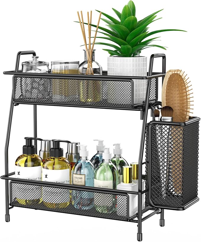 Bathroom Organizer with Basket, 2-Tier Bathroom Tray for Countertop Storage Shelf, Bathroom Counter Organizer, Vanity Organizer and Storage Kitchen Counter Organizers Spice Rack