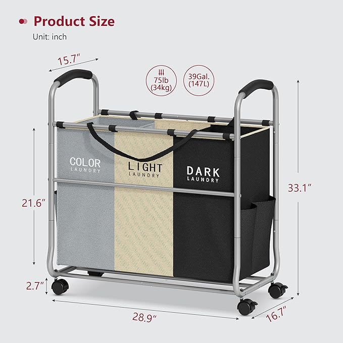 Tajsoon 3 section Laundry Hamper Sorter, Laundry Sorter Cart with Heavy Duty Lockable Wheels and Removable Bags, Laundry Separated Rolling Cart Basket for Clothes Storage, Grey+Beige+Black