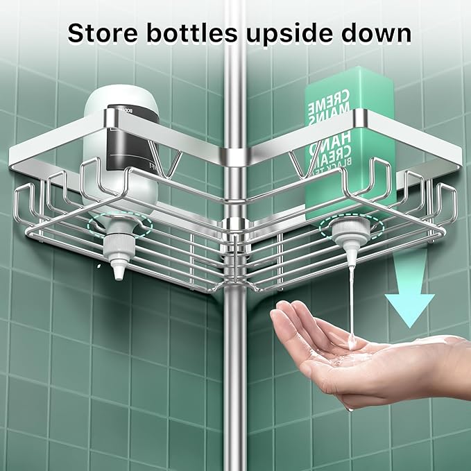 DAOYA Shower Caddy Tension Pole - Corner Shower Shelves with Soap Holder Bathroom Shower Organizer for Tub (Stainless Steel, Silver, Floor to Ceiling 25-114.2 inch)