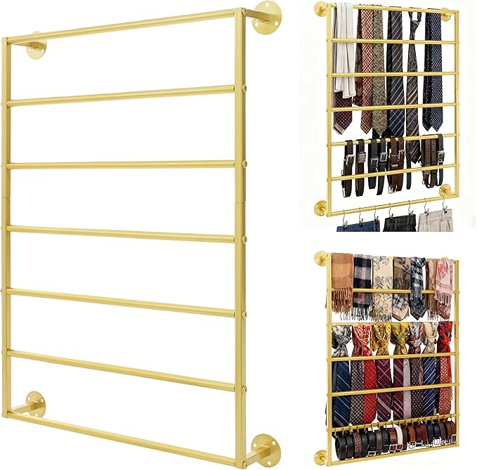 Wall Mounted Display Rack, 7-Layer Wrapping Paper Ribbon Organizer Scarves Tie & Scarf Rack Belts Towel Holder Necktie Hijab Stand Metal Shelving for Home, Retail Stores, Flower Shop