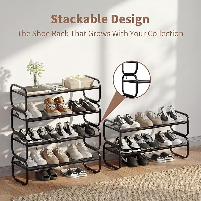4Tier Shoe Rack - Expandable Shoe Organizer for Closet, Adjustable Metal Shoe Shelf Storage, Stackable Long Shoe Stand Holder for Garage, Entryway, Door Entrance