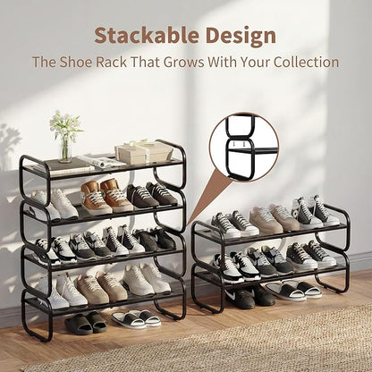 4Tier Shoe Rack - Expandable Shoe Organizer for Closet, Adjustable Metal Shoe Shelf Storage, Stackable Long Shoe Stand Holder for Garage, Entryway, Door Entrance