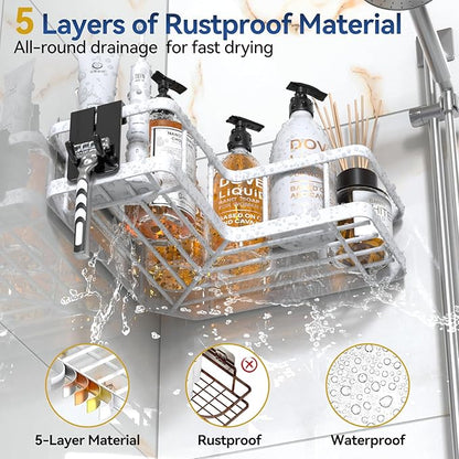 YASONIC Corner Shower Caddy, 5-Pack Adhesive Rustproof Stainless Steel Shower Organizer with Soap Holder, No Drilling Shower Shelf for Inside Shower, Dorm, Renters, White