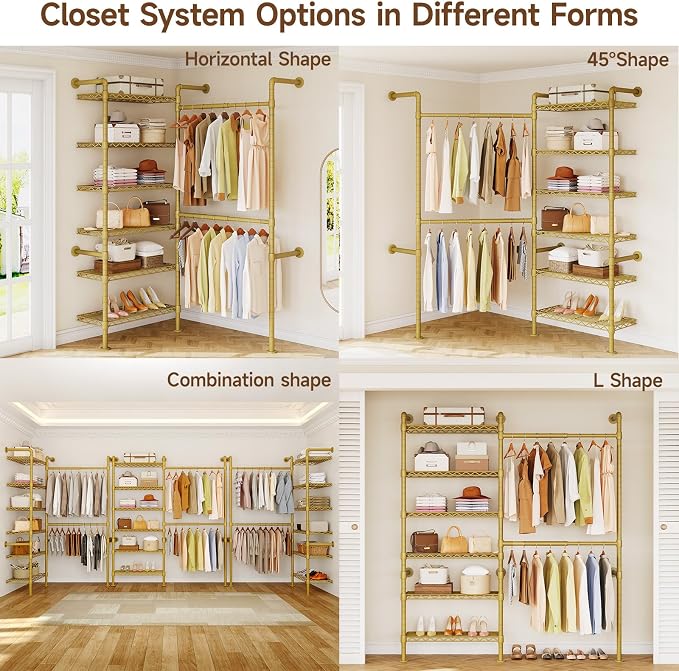 ONBRILL H2 Wall Mounted Clothing Rack, Expandable Industrial Pipe Clothes Rack Garment Racks for Hanging Clothes, Heavy Duty Closet Organizers and Storage in Closet System, Gold