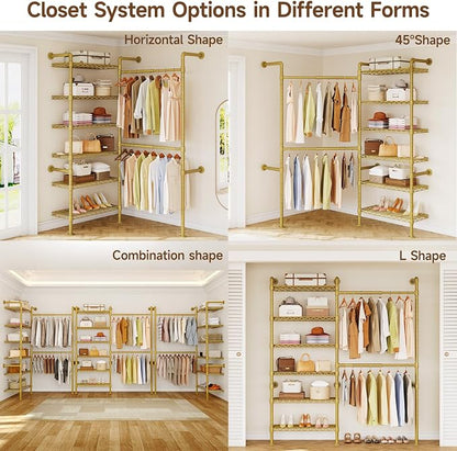 ONBRILL H2 Wall Mounted Clothing Rack, Expandable Industrial Pipe Clothes Rack Garment Racks for Hanging Clothes, Heavy Duty Closet Organizers and Storage in Closet System, Gold