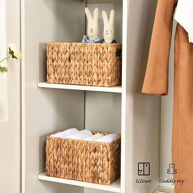 Water Hyacinth Rectangular Wicker Baskets, 12" Wicker Basket 2 Pack, Woven Storage Baskets with Handles