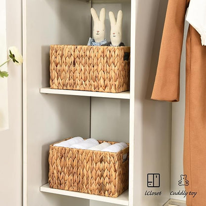 Water Hyacinth Rectangular Wicker Baskets, 12" Wicker Basket 2 Pack, Woven Storage Baskets with Handles