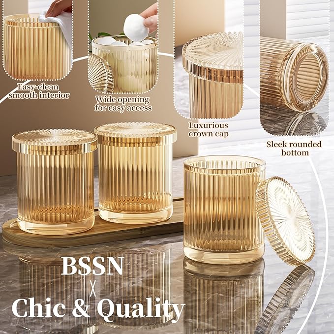 BSSN Glass Cotton Swab Holder Set of 3 with Bamboo Tray, Qtip Holder Dispenser for Bathroom Vanity, Amber Apothecary Jars with Lids for Cotton Balls, Swabs and Makeup Pads