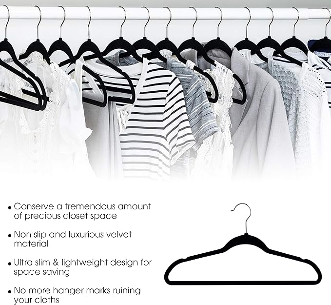 Elama 100 Piece Set of Velvet Slim Profile Heavy Duty Felt Hangers with Stainless Steel Swivel Hooks in Black
