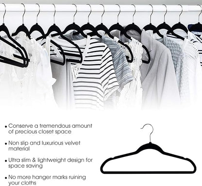 Elama 100 Piece Set of Velvet Slim Profile Heavy Duty Felt Hangers with Stainless Steel Swivel Hooks in Black