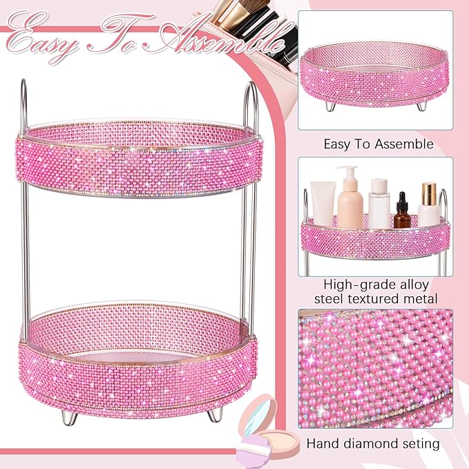 Honeydak 360 Rotating Perfume Organizer for Mother Day Nurse Day Rhinestone Bathroom Counter Organizer Makeup Holder Skincare and Perfume Storage for Cosmetic Countertop(2 Tiers,Pearl,Pink)