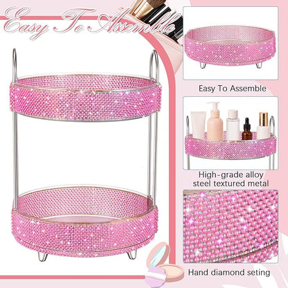 Honeydak 360 Rotating Perfume Organizer for Mother Day Nurse Day Rhinestone Bathroom Counter Organizer Makeup Holder Skincare and Perfume Storage for Cosmetic Countertop(2 Tiers,Pearl,Pink)